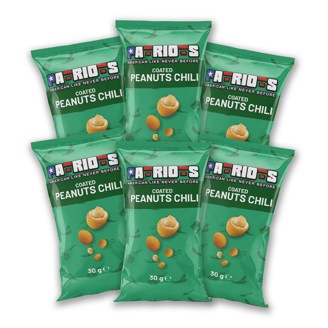 6x Patriots Coated Peanuts Chili, arachidi al peperoncino da 30g