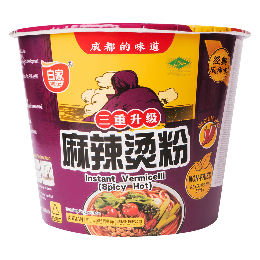 A'Kuan Instant Vermicelli Spicy Hot Flavor, ciotola di vermicelli con salsa al pollo piccante da 105g