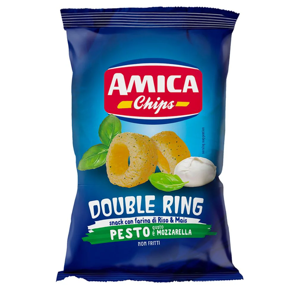 Amica Chips Double Ring Pesto e Mozzarella, snack di riso e mais al gusto di pesto e mozzarella da 70g