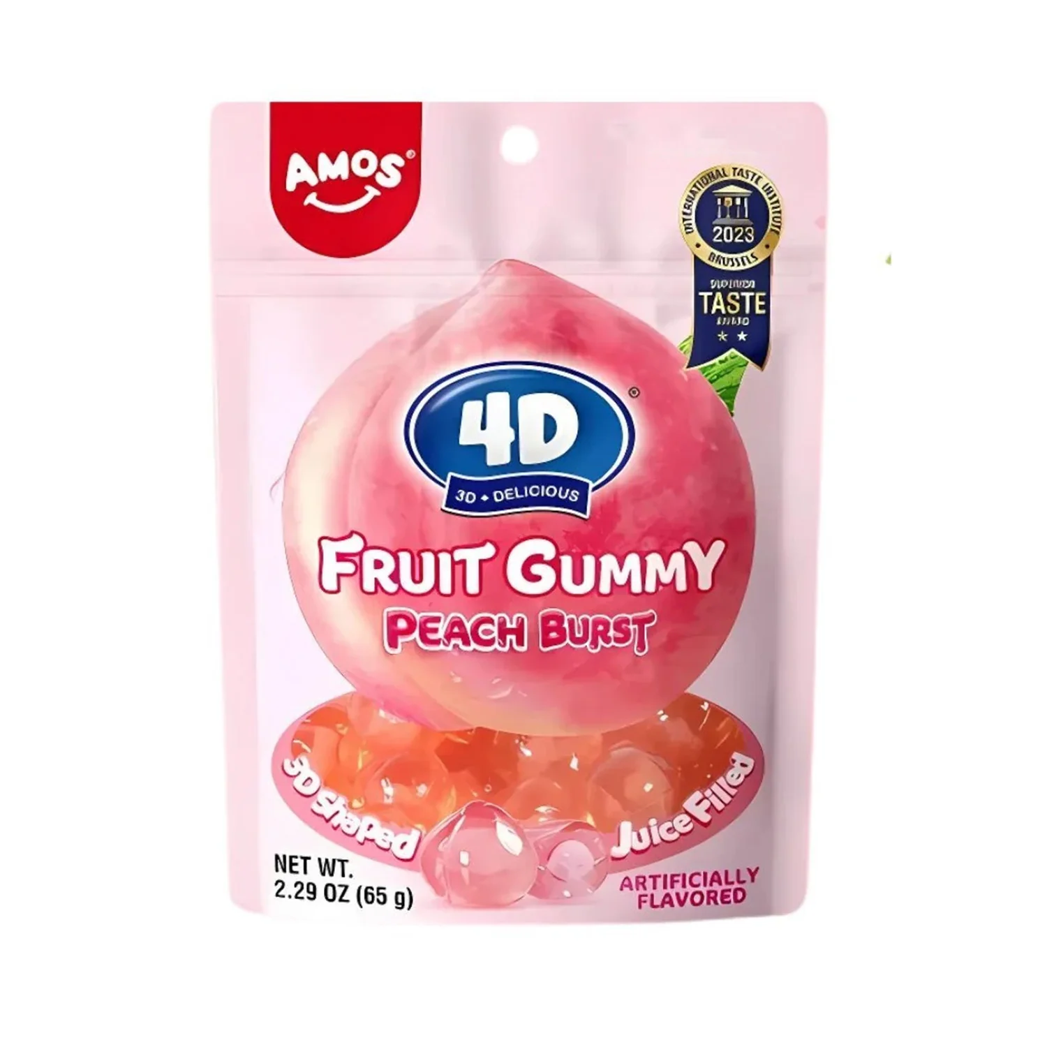 Amos 4D Fruit Gummy Peach Burst, caramelle gommose ripiene al gusto di pesca da 65g