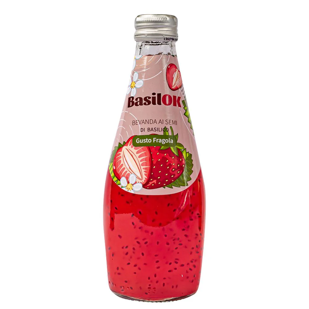 BasilOk Strawberry, bevanda al gusto di fragola con semi di basilico da 290ml
