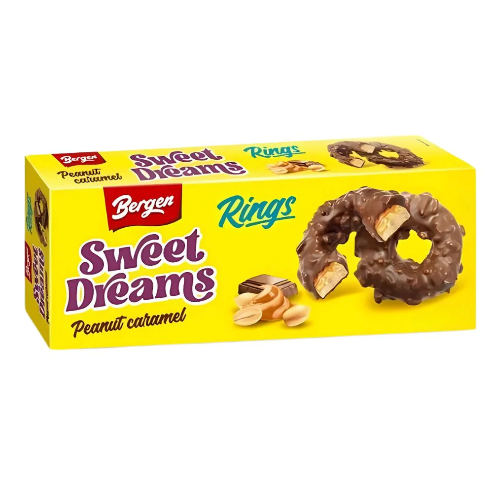 Bergen Milk Choco Peanut Caramel Rings, biscotti con caramello e arachidi ricoperti di cioccolato da 128g