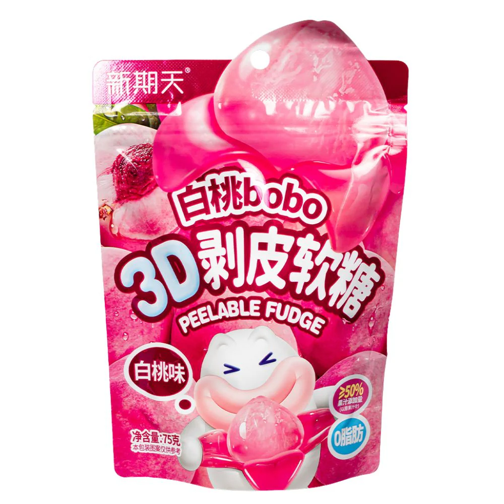 Bobo 3D Peach Peelable Fudge Candies, caramelle gommose al gusto di pesca da 75g