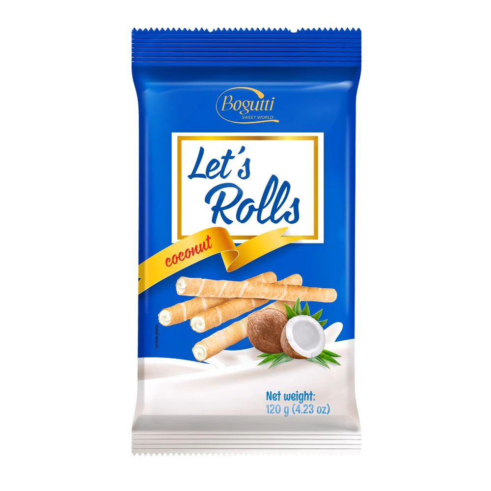Bogutti Let's Rolls Coconut, wafer con crema al cocco da 120g