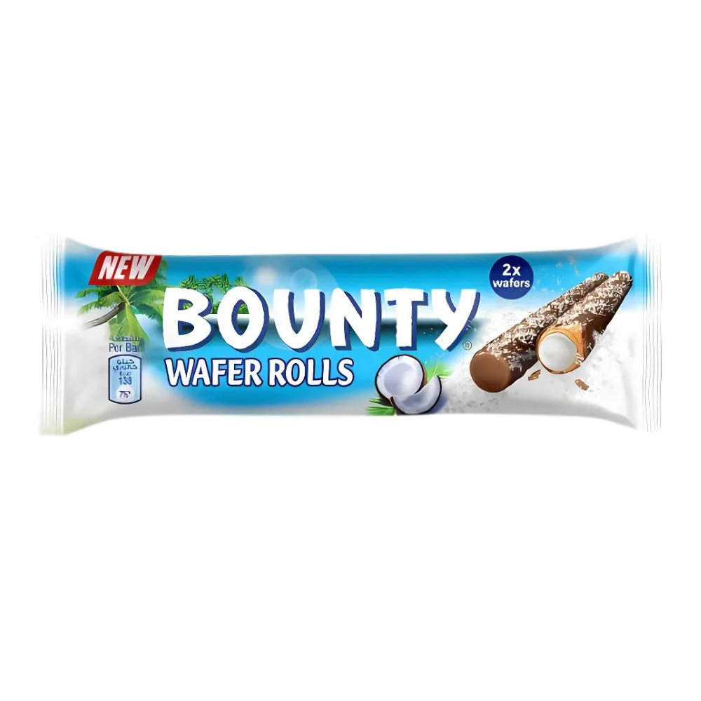 Bounty Wafer Rolls, wafer arrotolato ricoperto di cioccolato e ripieno di crema al cocco da 23,4g