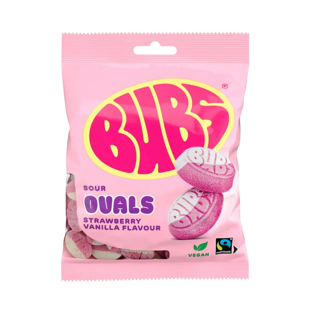 Bubs Sour Ovals Strawberry Vanilla, caramelle gommose aspre al gusto di fragola e vaniglia da 90g