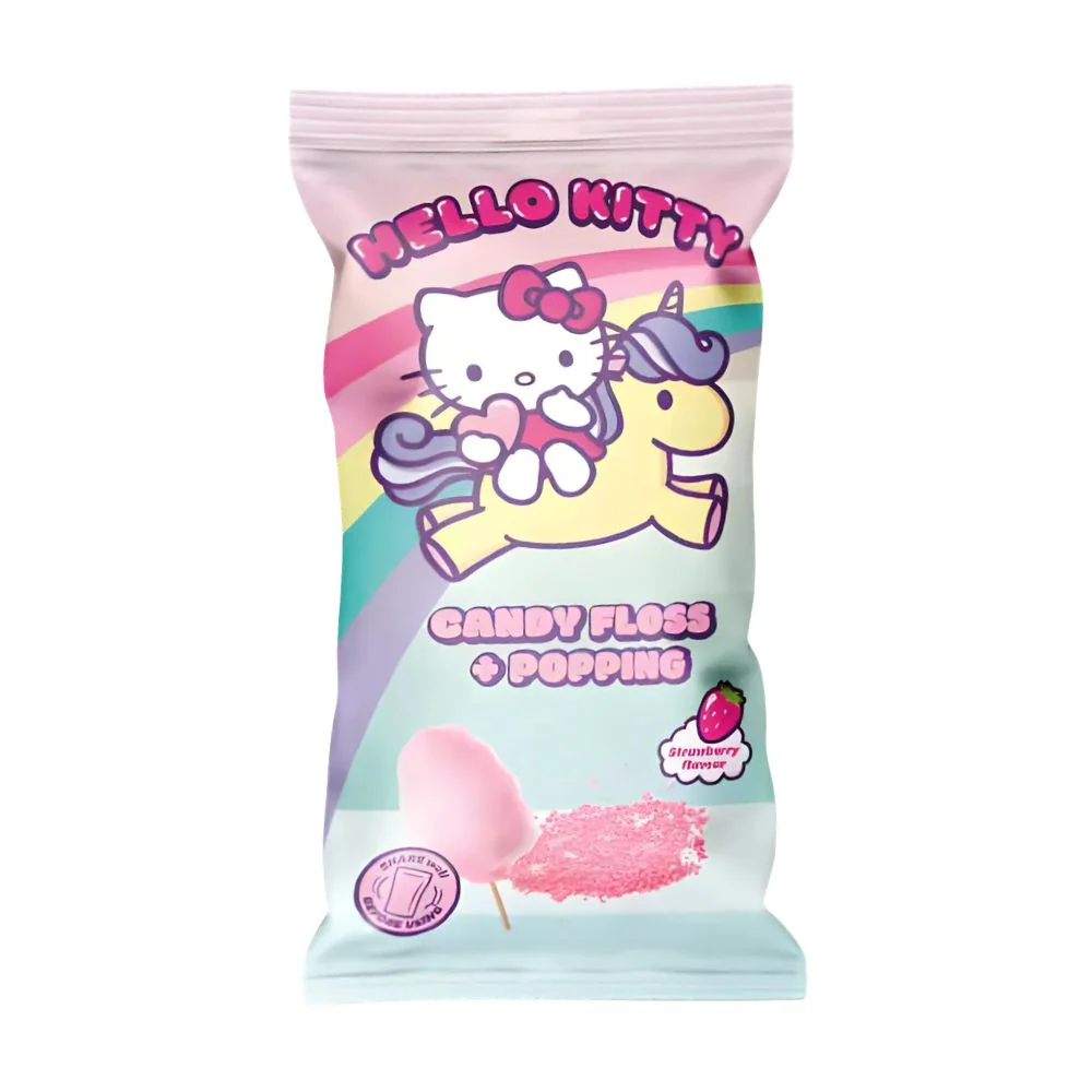 Hello Kitty Candy Floss & Popping Stickers, zucchero filato e caramelle frizzanti al gusto di fragola da 11g