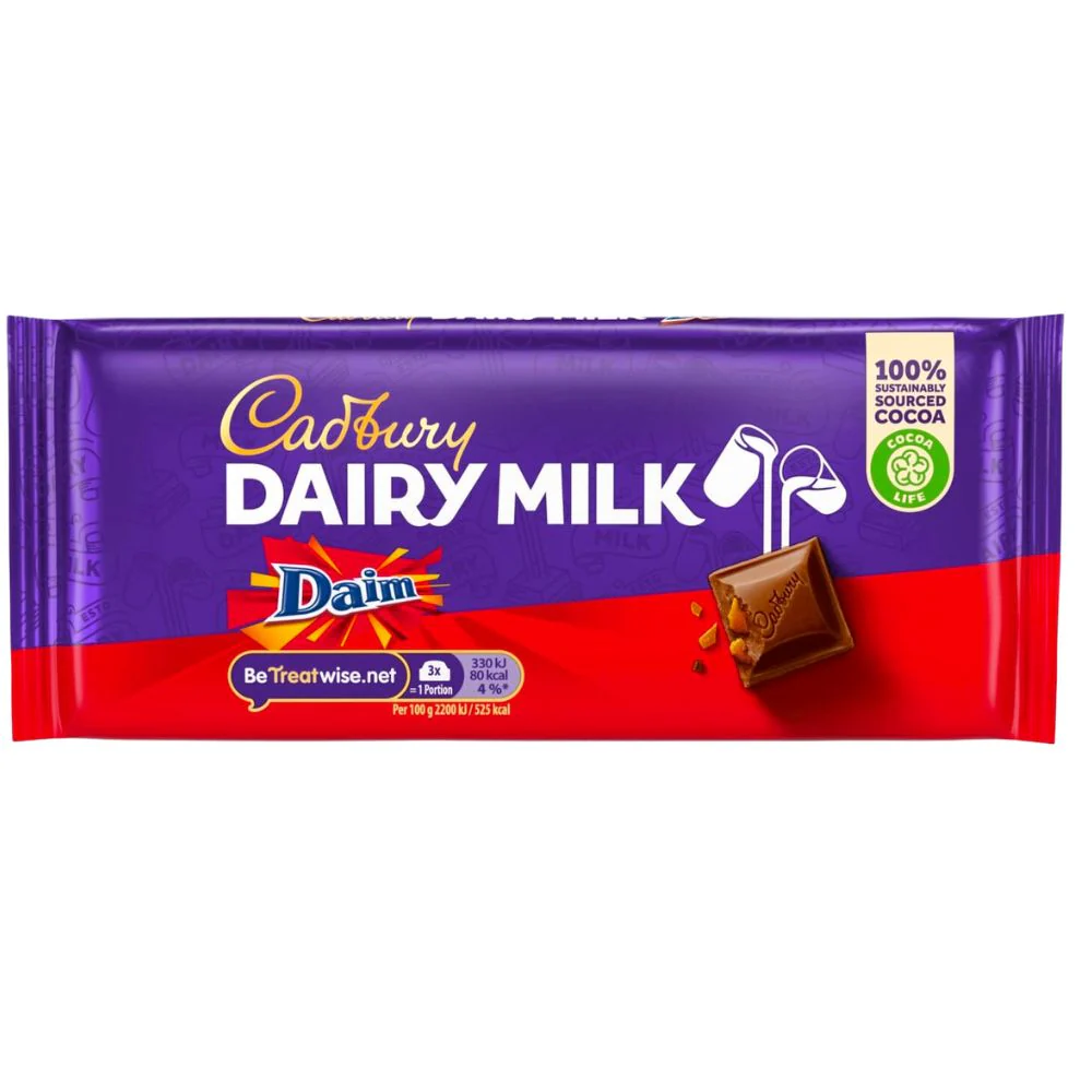 Cadbury Dairy Milk Daim, tavoletta di cioccolato con pezzi di caramello Daim da 120g