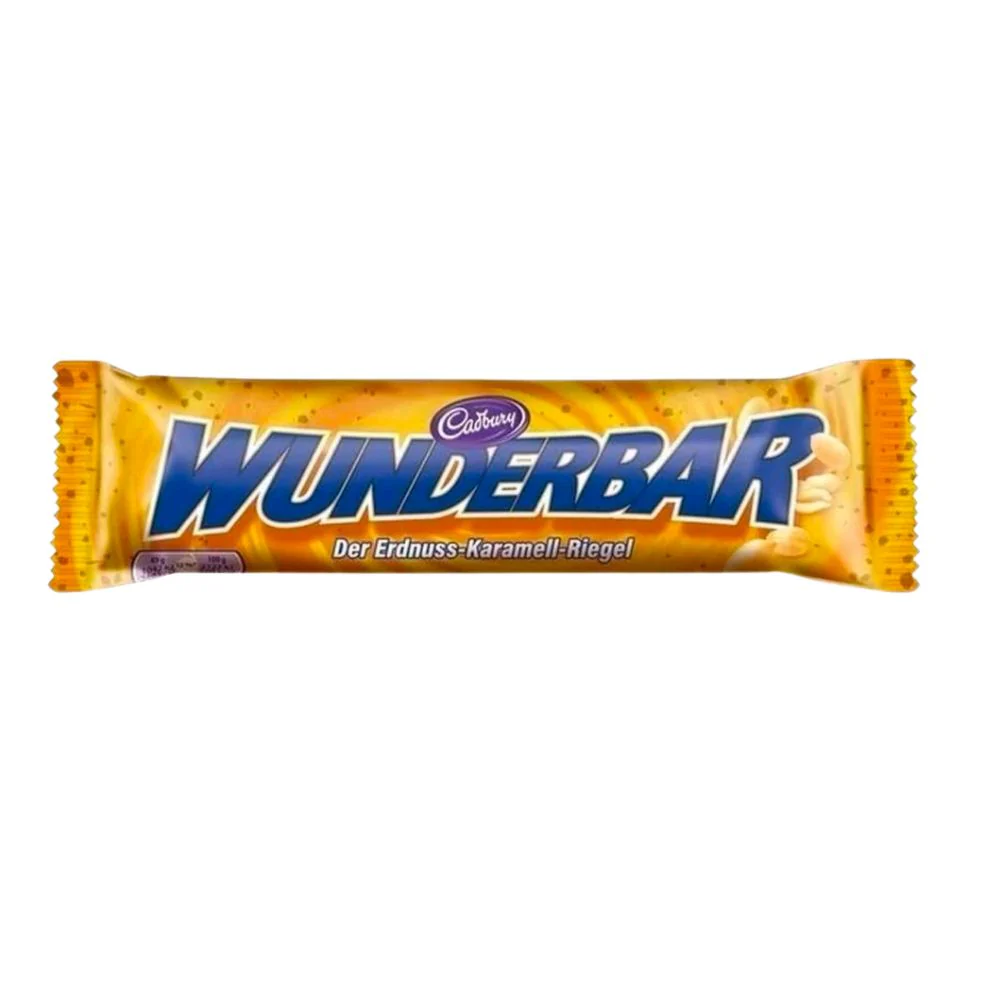 Cadbury Wunderbar Erdnuss Karamel Riegel, barretta al cioccolato ripiena di caramello e crema agli arachidi e riso soffiato 49g