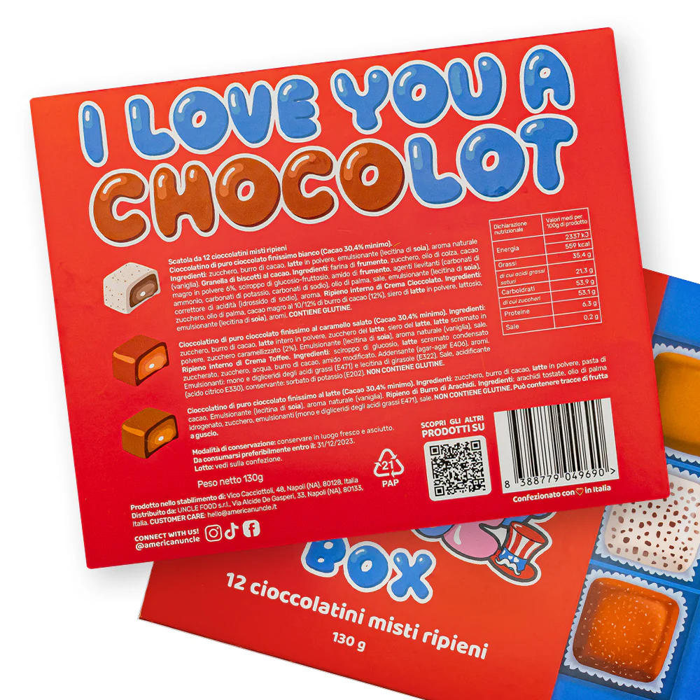 Choco Love Box, scatola da 12 cioccolatini misti ripieni di burro di arachidi, toffee e cookies & cream da 130g - Image 4
