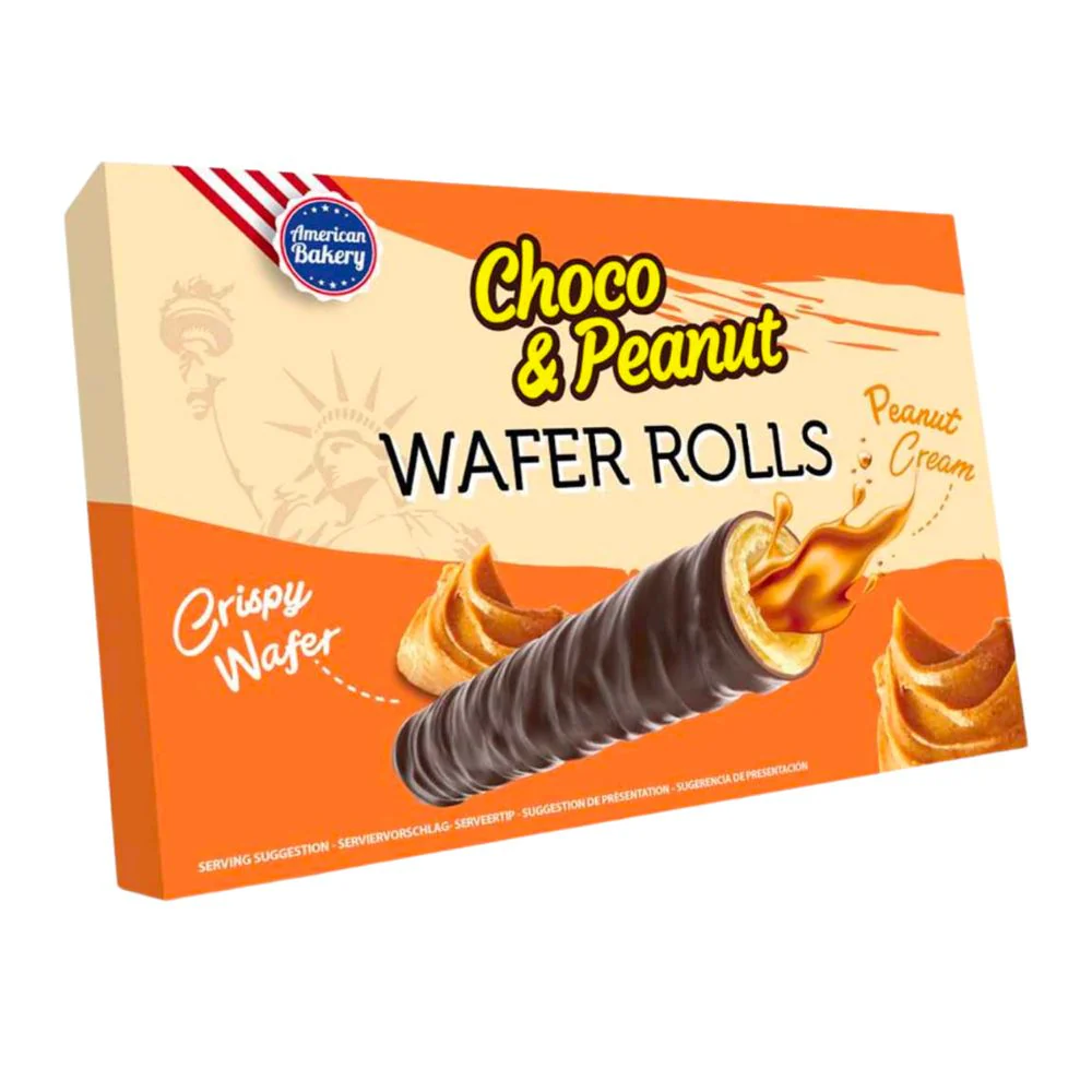Choco&Peanut Wafer Rolls, wafer ripieno di crema alle arachidi ricoperto di cioccolato da 120g