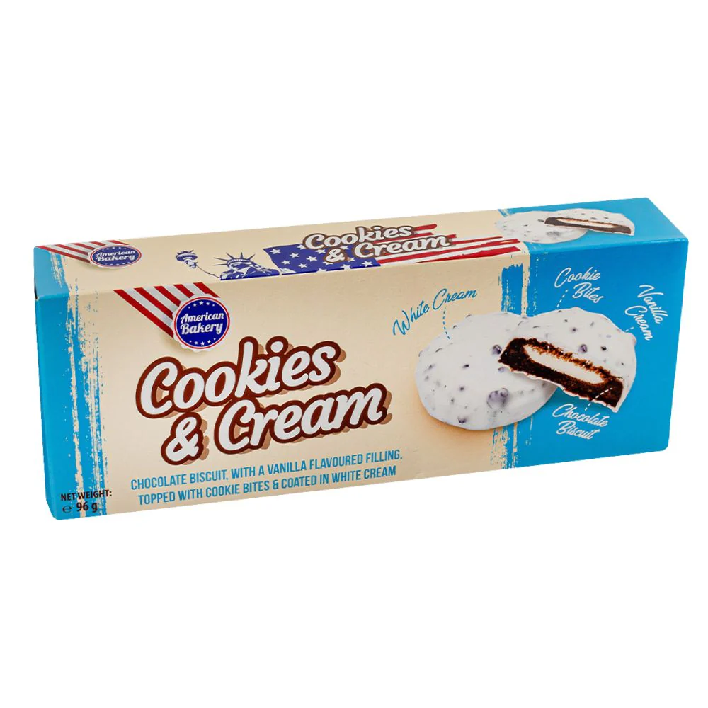 American Bakery Cookies and Cream, biscotti al cacao con crema al gusto vaniglia e pezzetti di biscotto da 96g