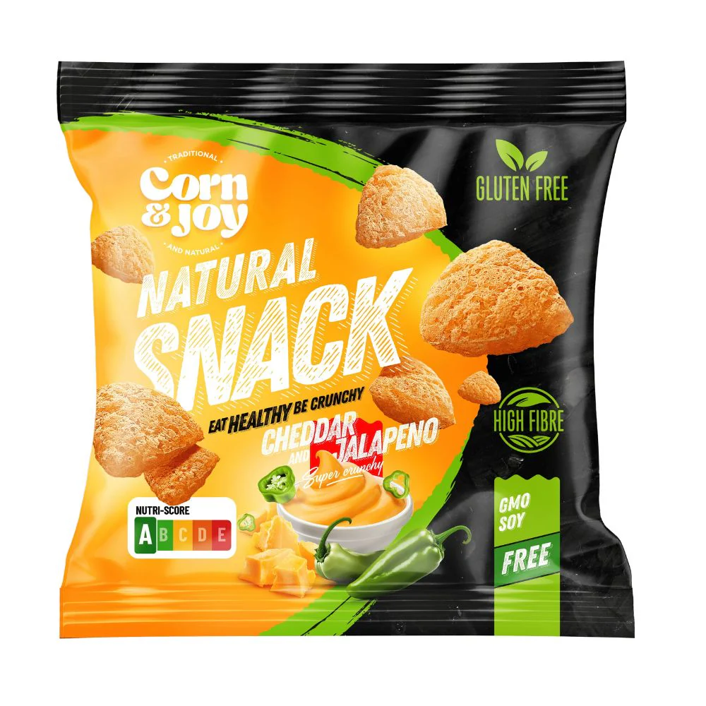 Corn & Joy Natural Snack Cheddar and Jalapeno, snack di mais al gusto cheddar e jalapeno da 40g
