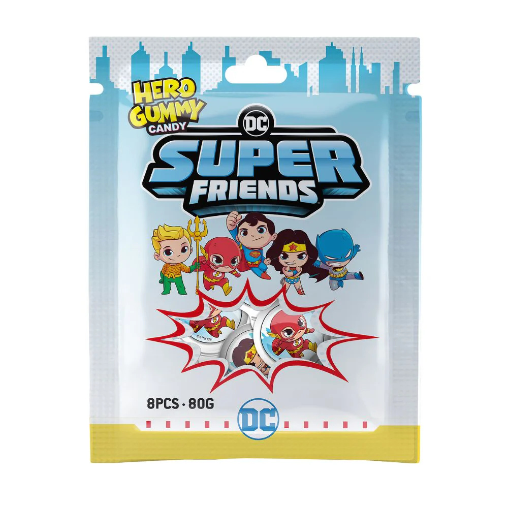 Hero Gummy Candy Super Friends, caramelle gommose con ripieno al gusto di mirtillo e fragola da 80g