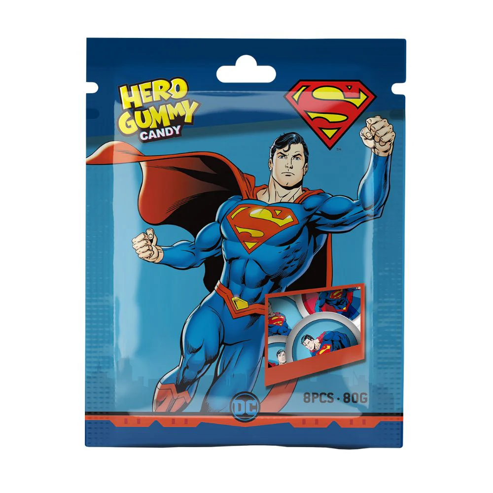 Hero Gummy Candy Superman, caramelle gommose con ripieno al gusto di fragola e mirtillo da 80g