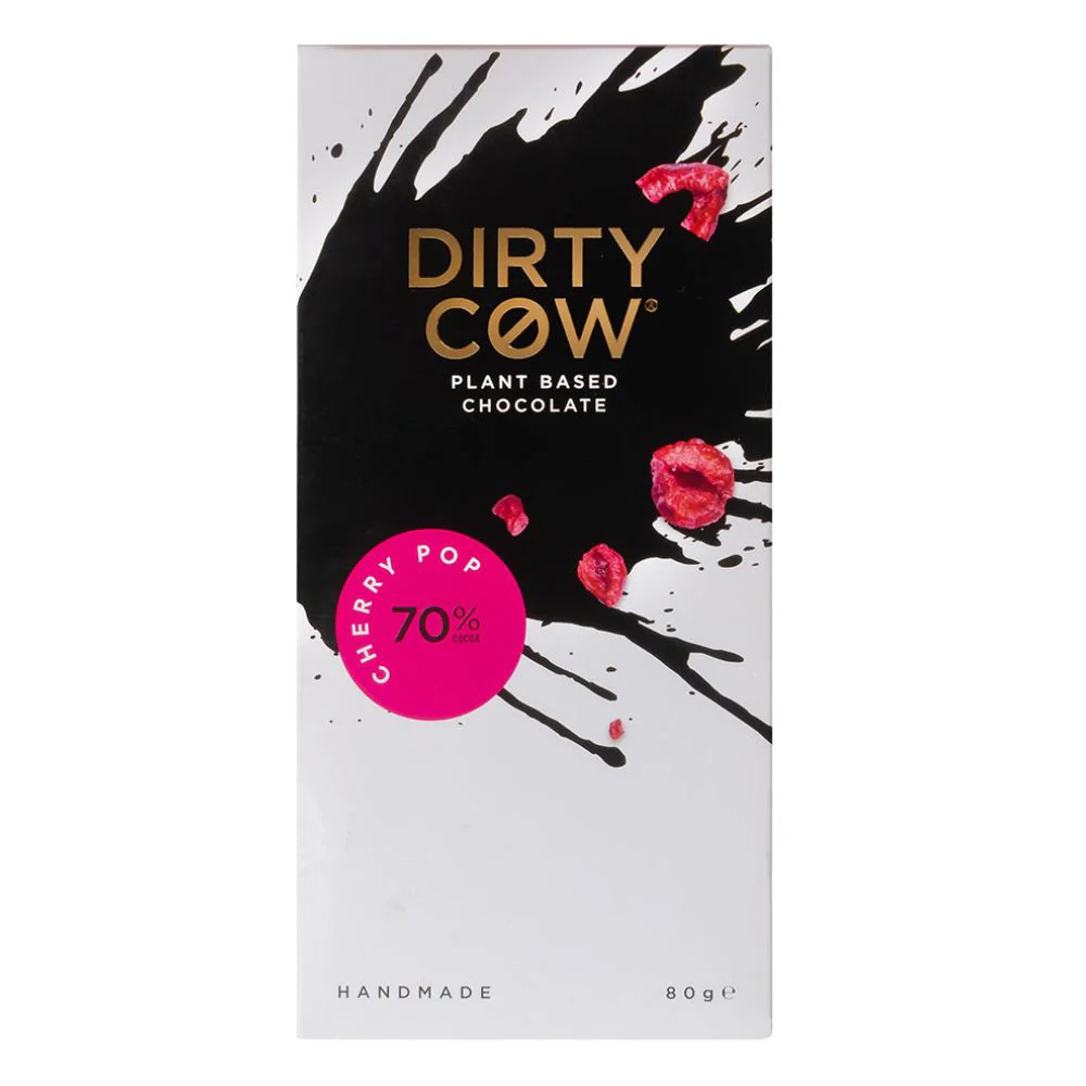 Dirty Cow Plant Based Chocolate with Cherry Pop, barretta al cioccolato con ciliegie da 80g