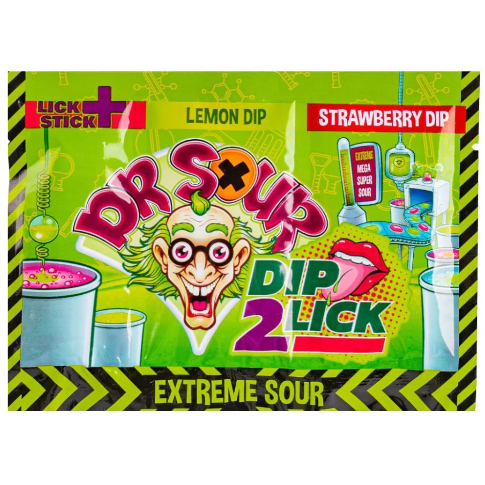 Dr. Sour Dip 2 Lick, lecca lecca aspro con polverina scoppiettante da 18g