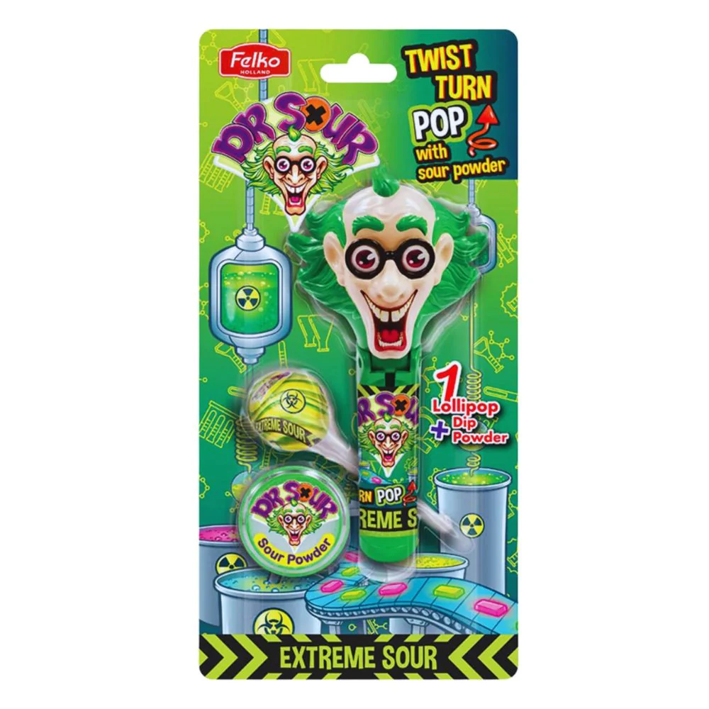 Dr. Sour Twist Turn Pop With Sour Powder, lecca lecca con polvere aspra da 17g