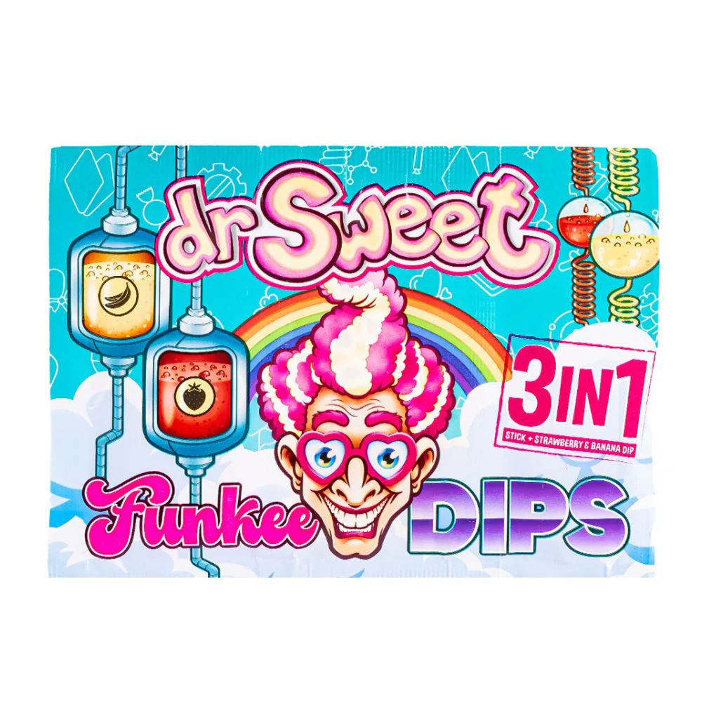 Dr. Sweet Funkee Dips , lecca lecca aspro con polverina scoppiettante alla fragola e alla banana da 28g