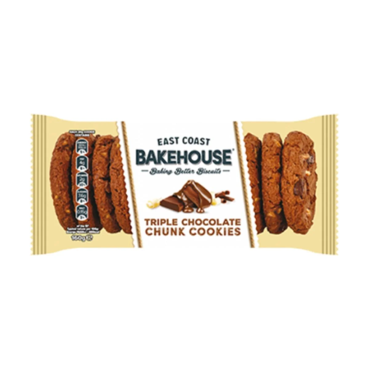 East Coast Bakehouse Triple Chocolate Chunk Cookies, biscotti con gocce di cioccolato al latte, bianco e fondente da 160g