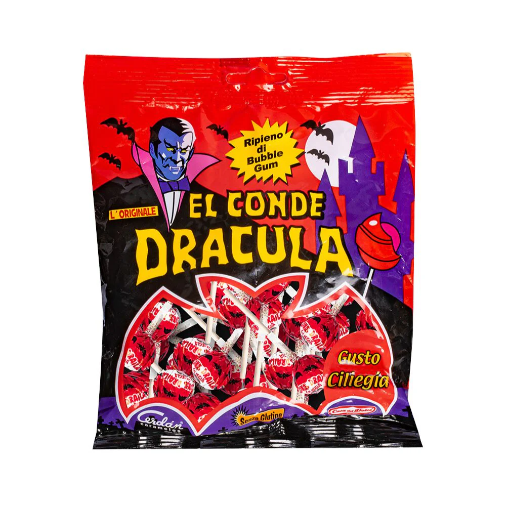 El Conde Dracula Cherry, lecca lecca con gomma da masticare al gusto di ciliegia da 85 g