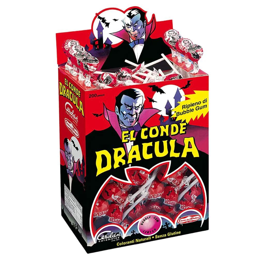 El Conde Dracula Lollipop Cherry, lecca lecca con gomma da masticare al gusto di ciliegia da 8,5 g (Confezione da 200)