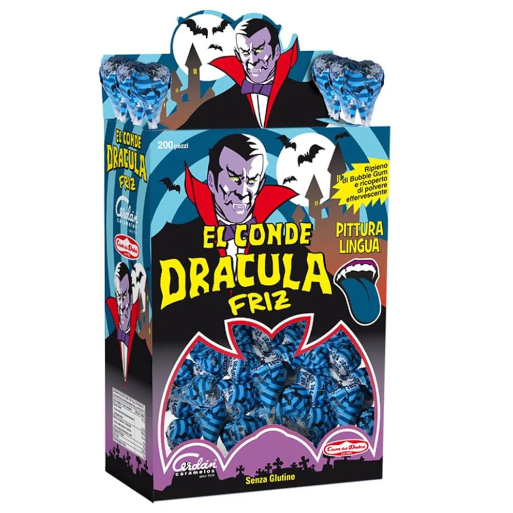 El Conde Dracula Lollipop Friz, lecca lecca con gomma da masticare al gusto di frutti di bosco da 9 g (Confezione da 200)