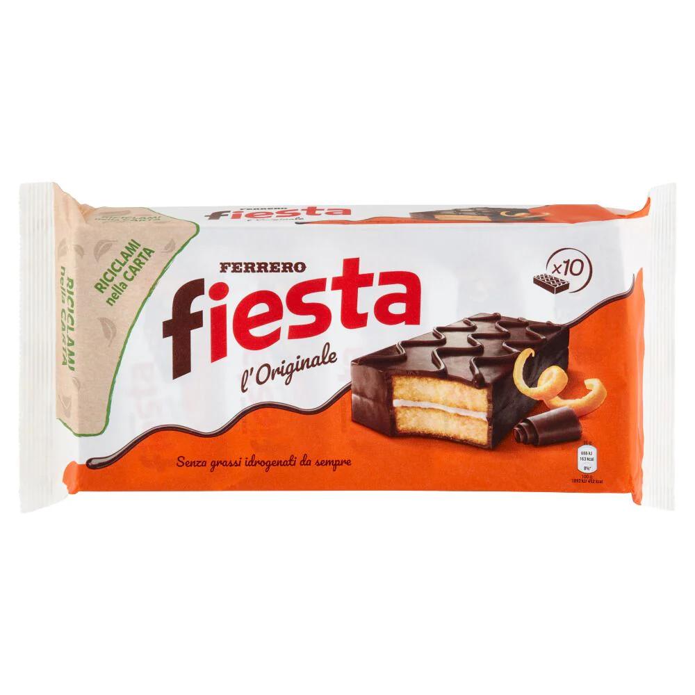 Ferrero Fiesta, 10 merendine all'arancia con liquore e ricoperte di cacao da 36g