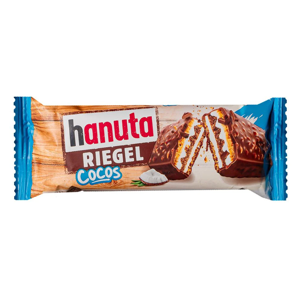 Ferrero Hanuta Riegel Cocos, barretta di wafer ripiena di crema al cocco e nocciole ricoperta di cioccolato al latte da 34,5g | LIMITED EDITION