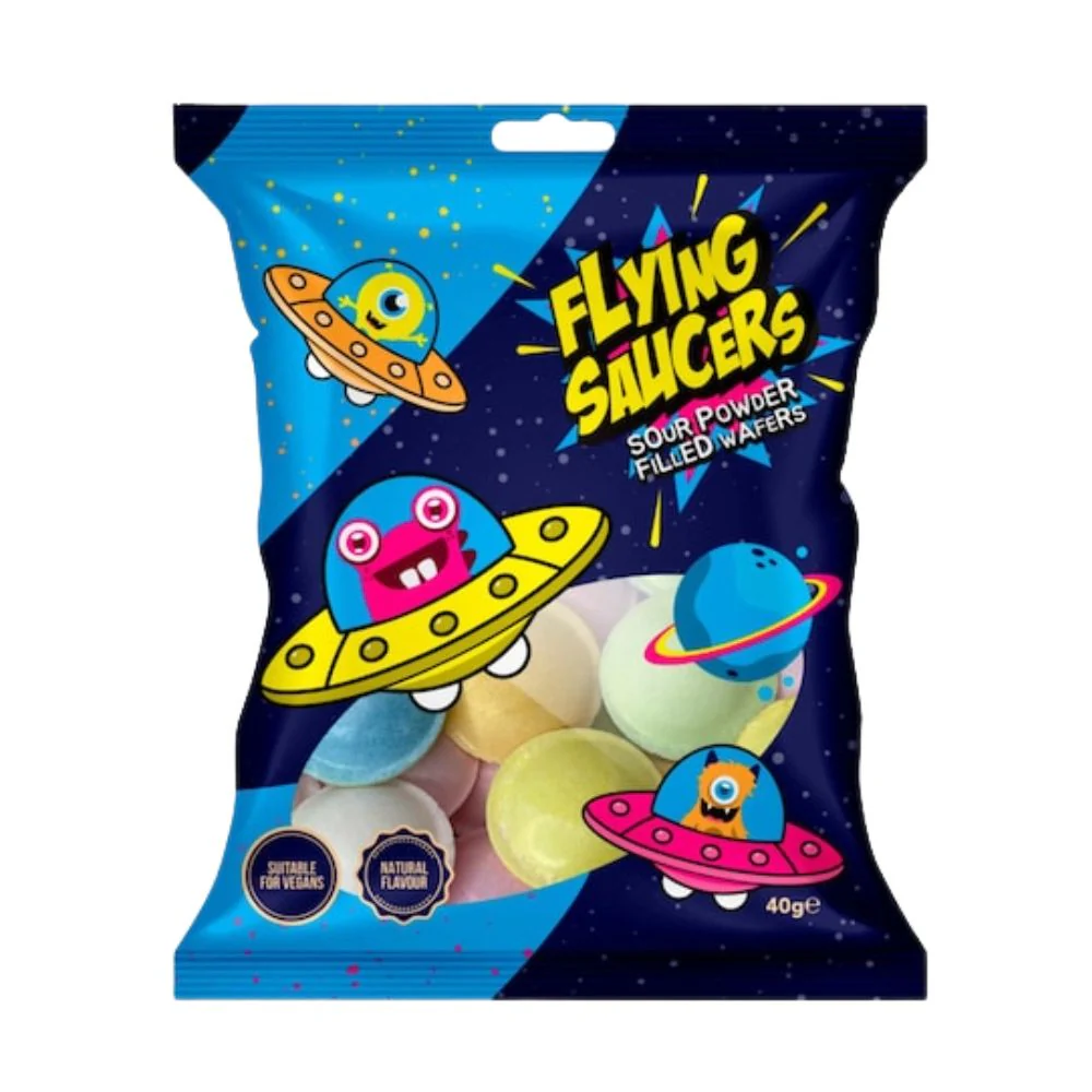 Flying Saucers Sour Powder Filled Wafers, cialde di caramelle ripieni di polvere di caramelle da 40g