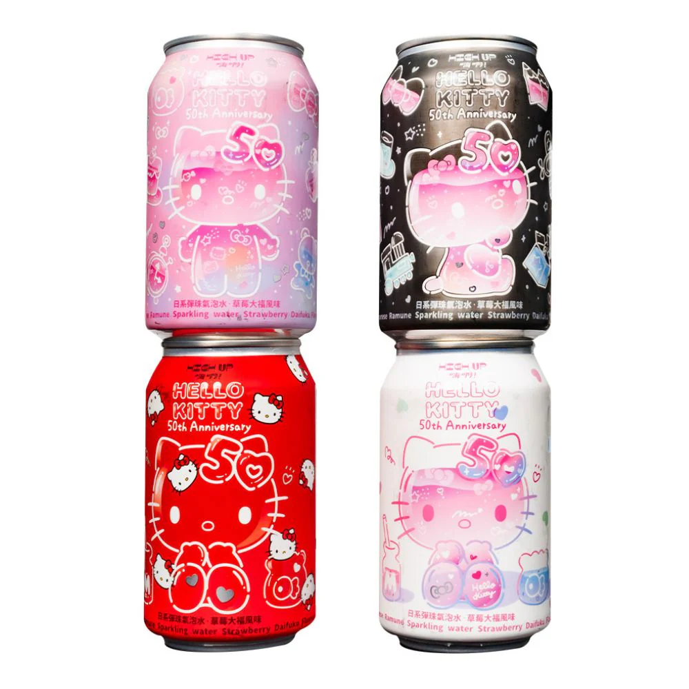 Hello Kitty 50th Anniversary Limited Edition, bevanda gassata aromatizzata al gusto di fragola con design a sorpresa da 330ml