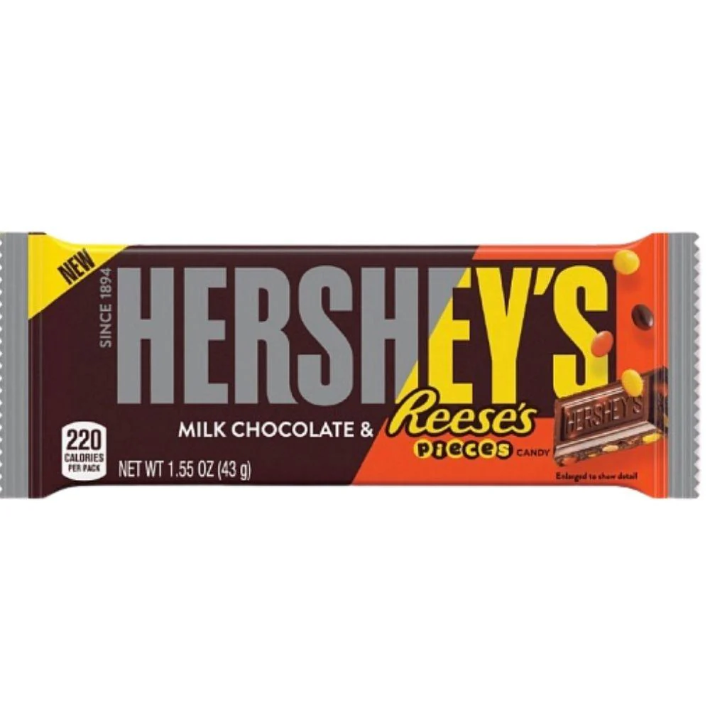 Hershey's Milk Chocolate & Reese's Pieces, barretta di cioccolato ripiena di Reese's Pieces da 43g