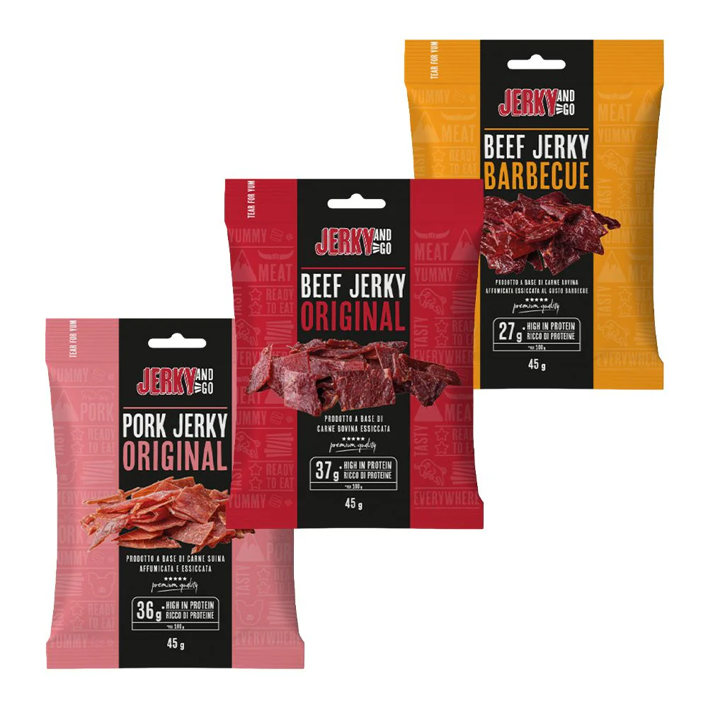 Jerky And Go Mix: 1 Jerky and Go Beef Jerky Original da 45g, 1 Jerky and Go Beef Jerky Barbecue da 45g, 1 Jerky and Go Pork Jerky Original da 45g