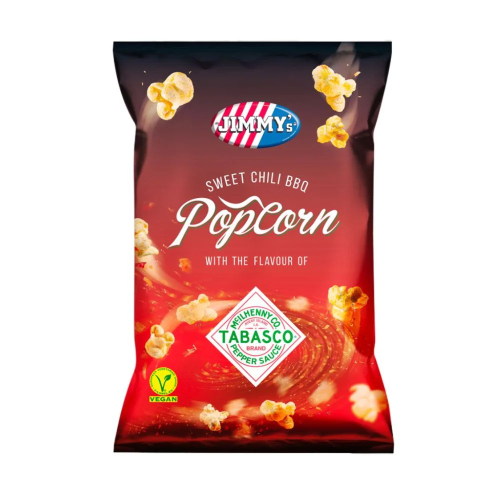 Jimmy's Tabasco Popcorn BBQ, popcorn al gusto di tabasco e bbq da 24g