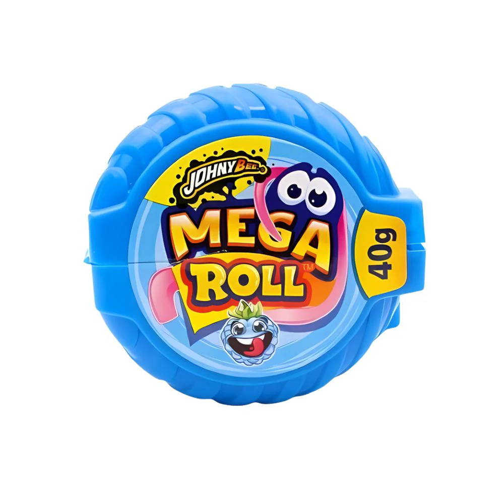 Johny Bee Mega Roll Blue Raspberry Bubble Gum, gomma da masticare al gusto di lampone blu da 40g