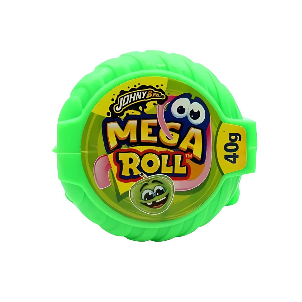 Johny Bee Mega Roll Green Apple Bubble Gum, gomma da masticare al gusto di mela verde da 40g