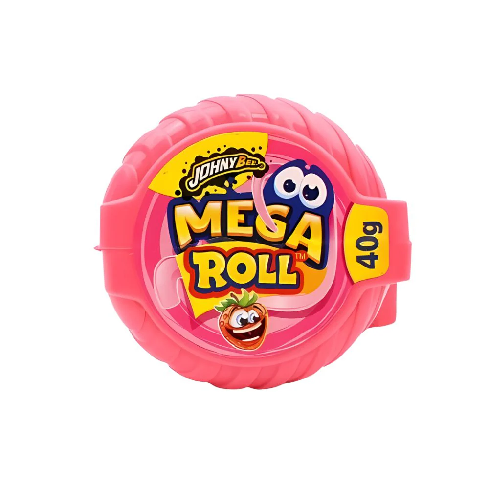 Johny Bee Mega Roll Strawberry Bubble Gum, gomma da masticare al gusto di fragola da 40g
