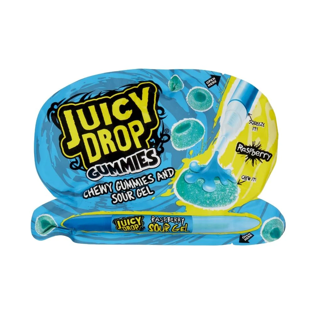 Juicy Drop Gummies and Sour Gel Raspberry, caramelle gommose e gel al gusto di lampone da 57g