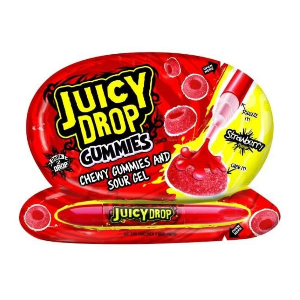 Juicy Drop Gummies and Sour Gel Strawberry, caramelle gommose e gel alla fragola da 57g