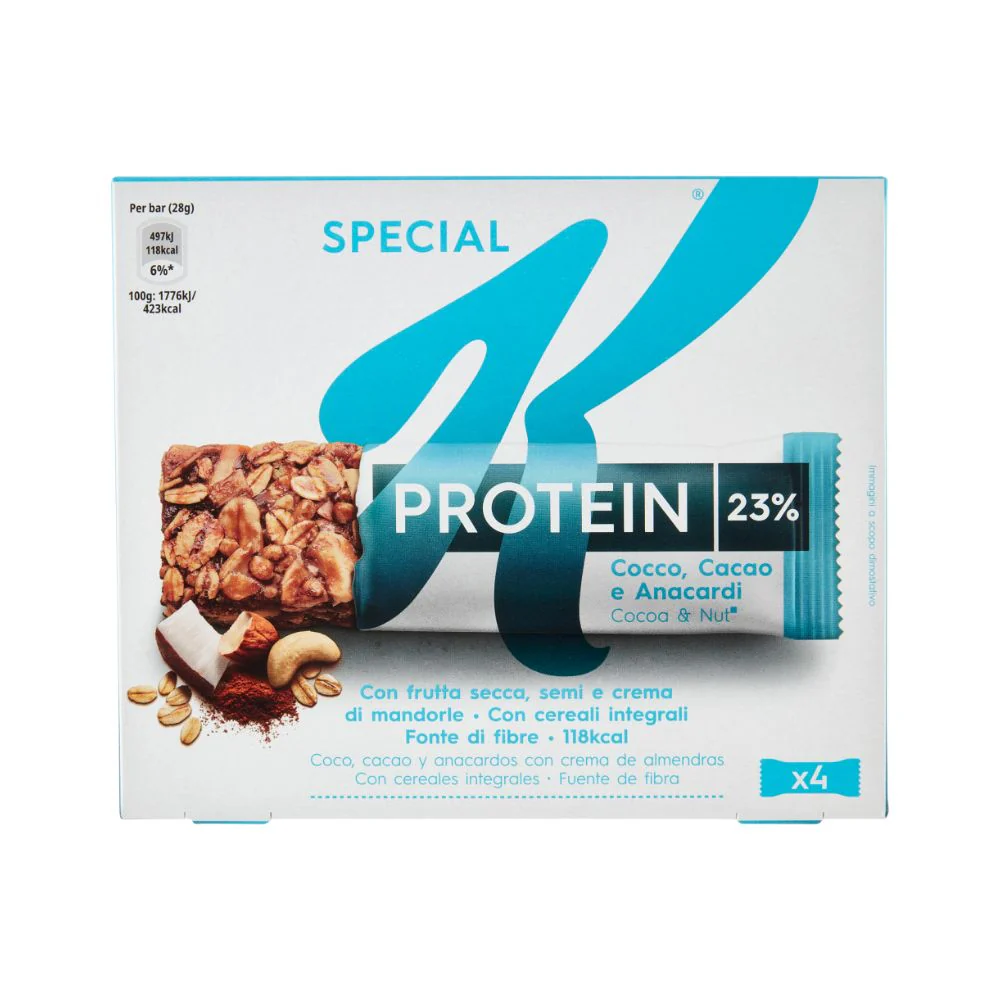 Kellogg's Protein, barrette al cocco, cacao e anacardi da 112g