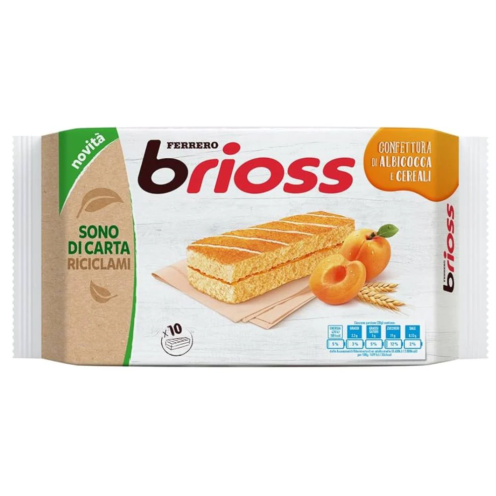 Ferrero Brioss Apricot, 10 merendine di pan di spagna con confettura di albicocca e cereali da 28g