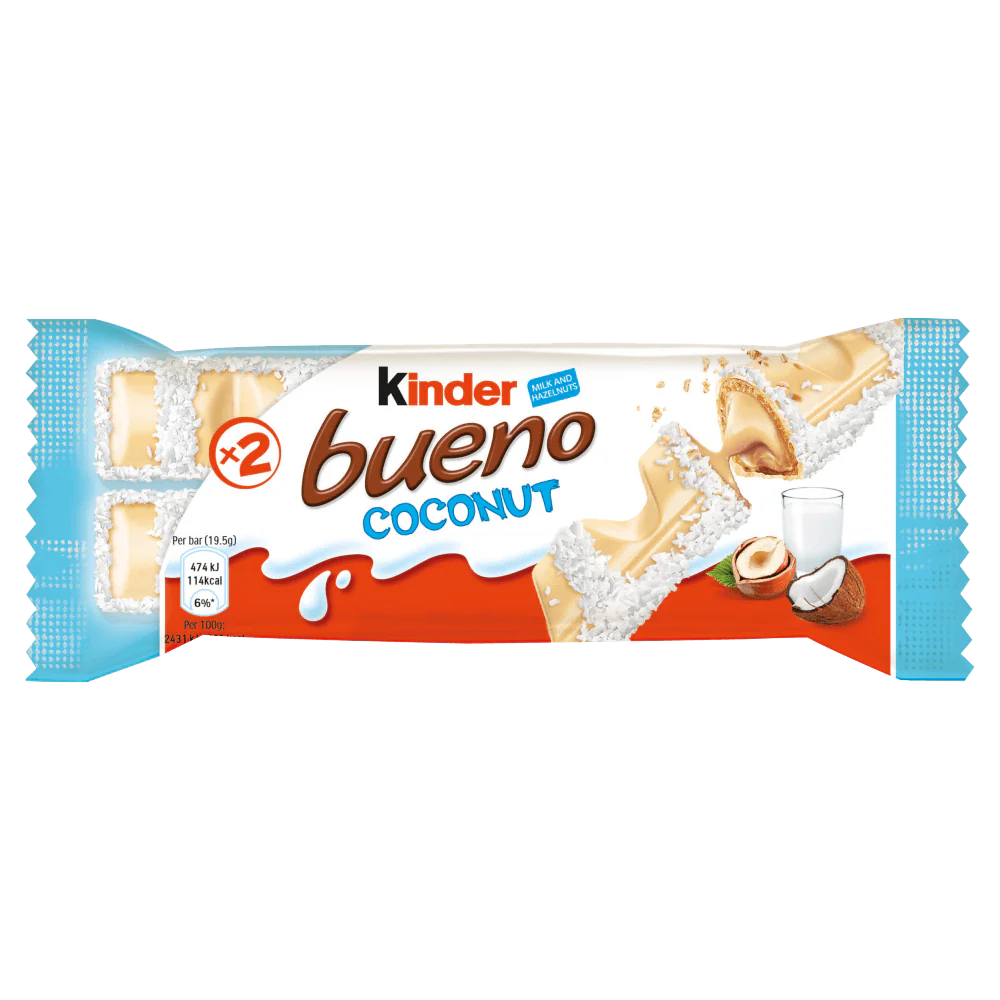 Kinder Bueno Coconut, wafer ricoperti di cocco e cioccolato bianco con ripieno di crema alla nocciola da 39g