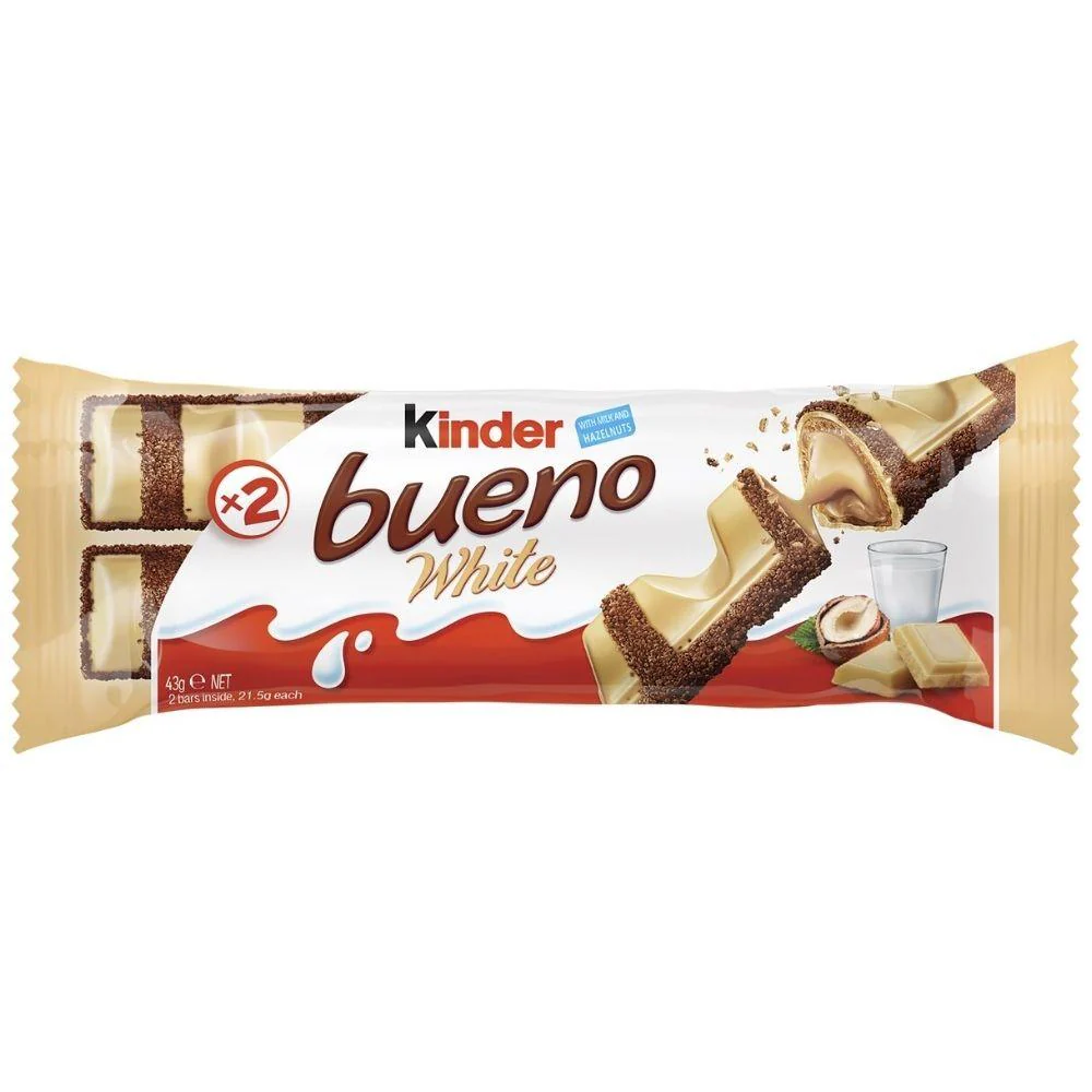 Kinder Bueno White, wafer ricoperti di cioccolato bianco e ripieni di crema alla nocciola da 39g
