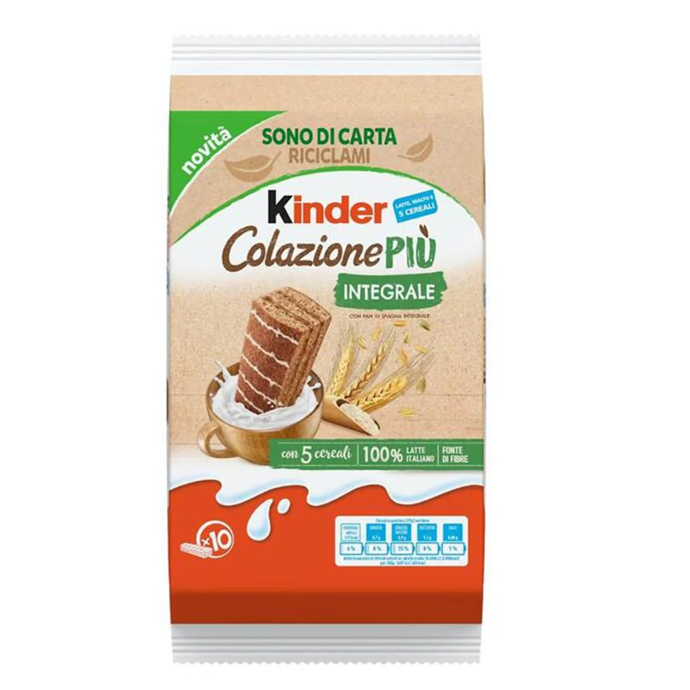 Kinder Colazione Più Integrale, 10 merendine integrali con crema di cacao da 29g