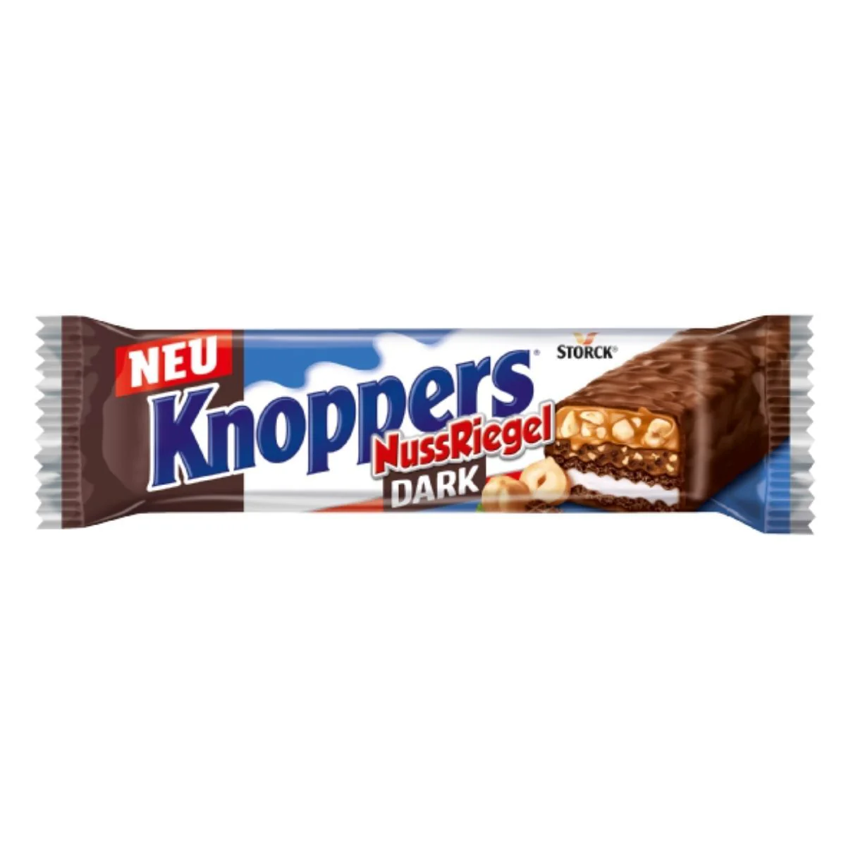 Knoppers Nuss Riegel Dark, wafer ripieno di crema alle nocciole e ricoperto di cioccolato fondente da 40g