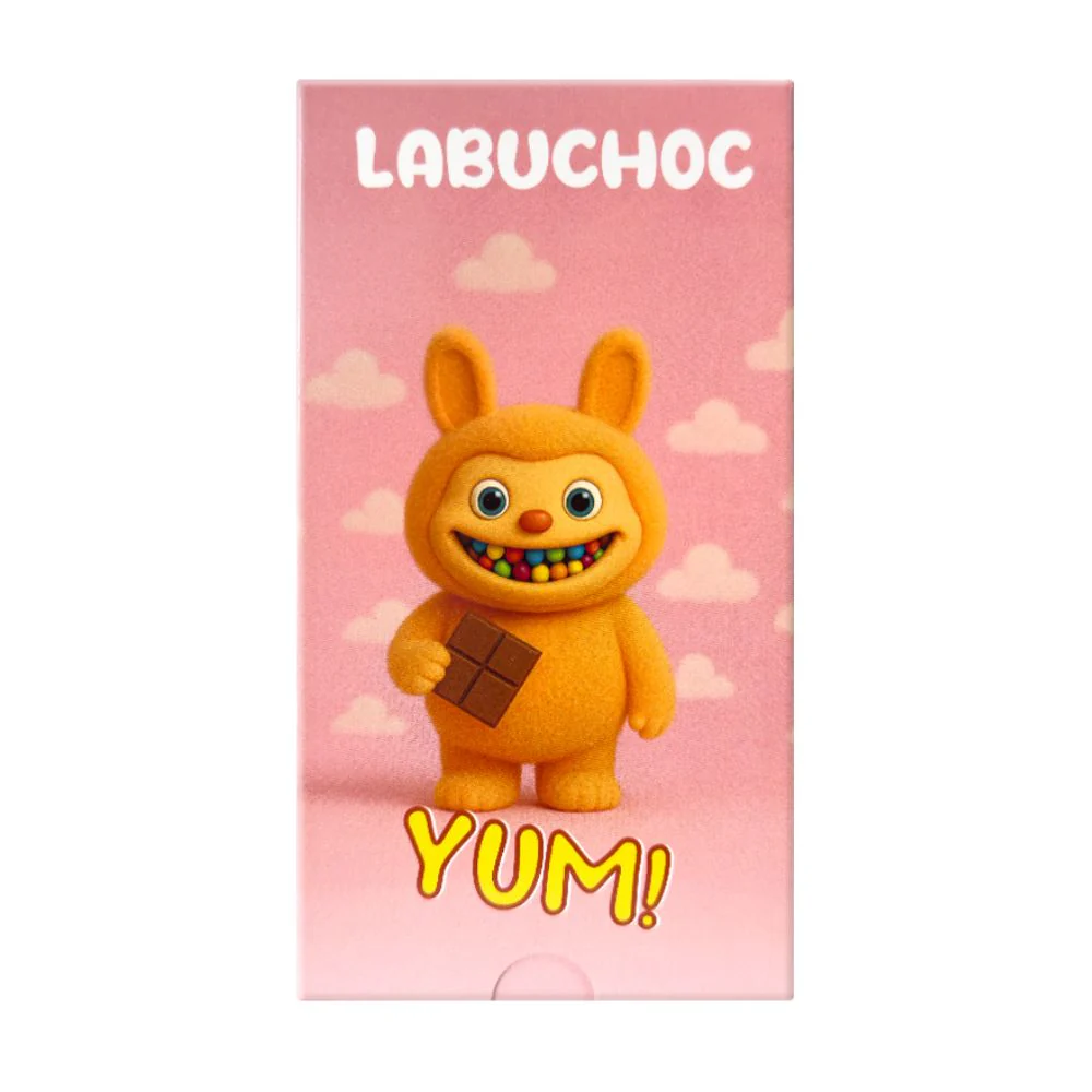 Labuchoc Chocolate Strawberry Cream, Labubu di cioccolato al latte con ripieno di crema alla fragola e zucchero frizzante da 75g