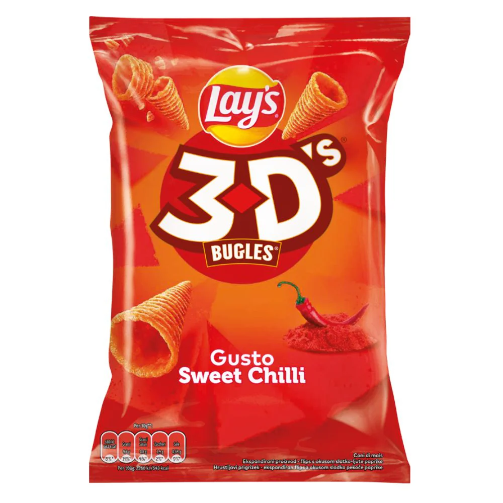 Lay's 3D's Bugles Sweet Chilli, snack di mais al gusto di peperoncino da 100 g