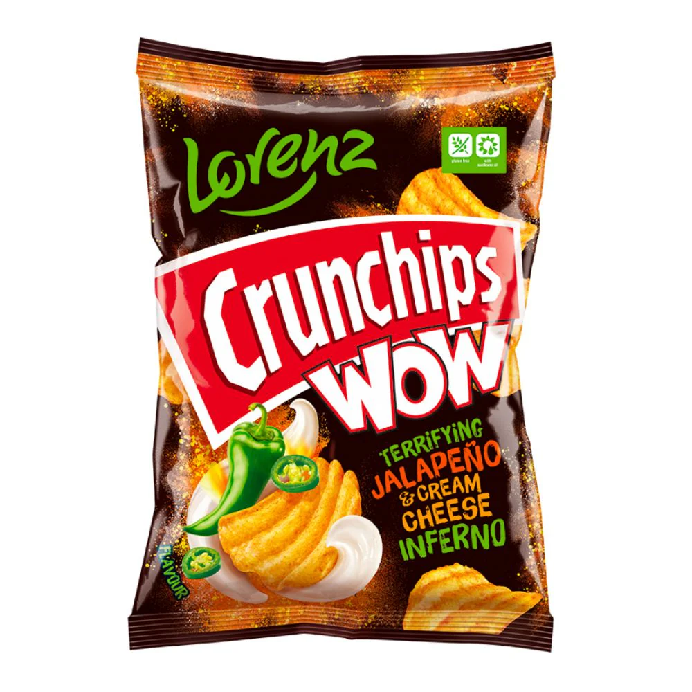 Lorenz Crunchips Wow Terrifying Jalapeno & Cream Cheese Inferno, patatine al formaggio e peperoncino jalapeno da 80g