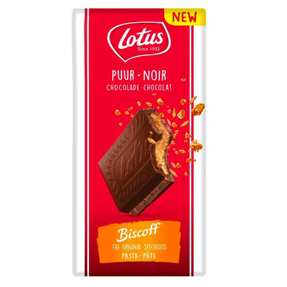 Lotus Biscoff Puur Noir Chocolat, barretta di cioccolato fondente ripieno di biscotto Lotus da 180g