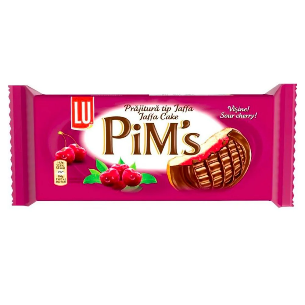 LU Pim’s Biscuits Sour Cherry, biscotti ripieni con crema alla ciliegia e ricoperti di cioccolato da 147g
